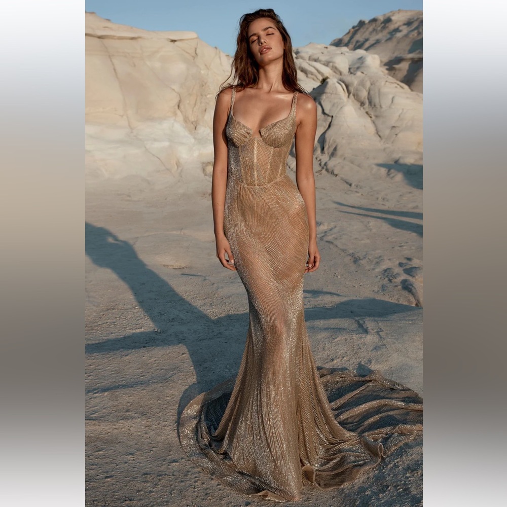 KYHA STUDIOS Nile Gown, Color Gold with silver beading. Size 3 Australian.